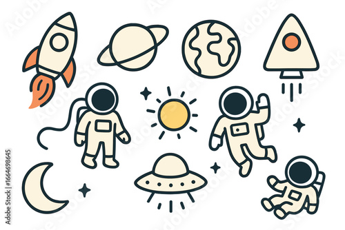 Creative minimalist vector illustration of spaceships, astronauts, planets, moon, sun, stars, and UFO depicting space exploration and astronomy concepts in cartoon style