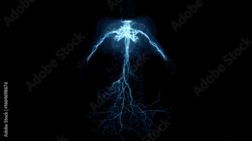 A glowing neural network branching into a human silhouette, connecting unexpectedly to other body systems.
