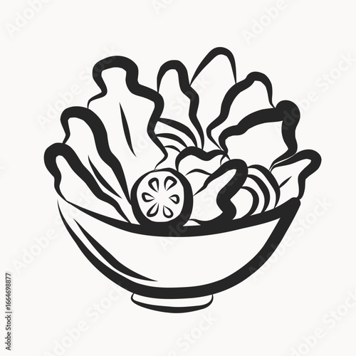Ink Salad Bowl Illustration. Fresh healthy Vegetarian Vitamin Food. Summer Rest and Vacation Resort Travel Theme Decorative Contour Line Symbol. Fresh Morning Breakfast or Dinner Lunch Symbol Icon