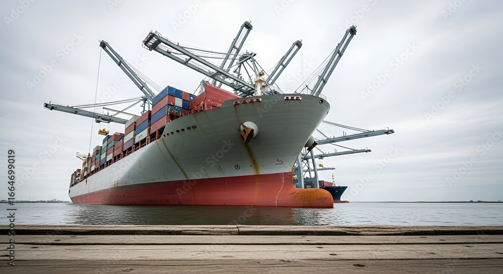 Fototapeta premium A large cargo ship is being loaded with containers by cranes at a port.