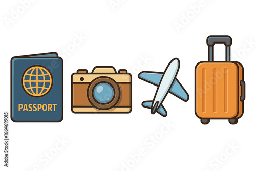 Travel essentials icons featuring passport, camera, airplane, and luggage for globetrotters and adventurers, vector cartoon illustration on transparent background, vacation and tourism symbols