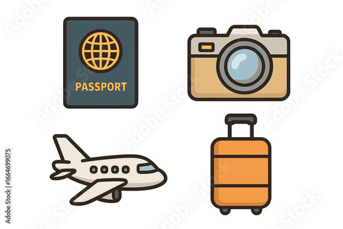 Travel Essentials Icons Set Featuring Passport, Camera, Airplane, and Luggage for Globetrotters and Adventurers - Vector Cartoon Illustration on Transparent Background