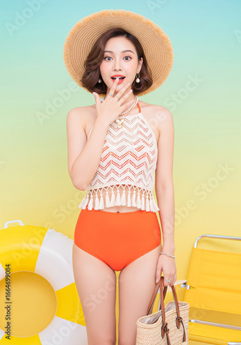 Surprised Asian woman in summer beachwear, excited for holiday vacation.