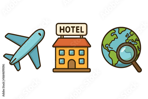 Travel Icons Representing Flight, Accommodation, and Global Exploration for Travel-Themed Design, Vector Cartoon Illustration Set on Transparent Background