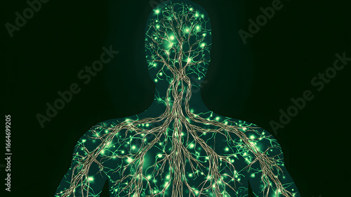 A glowing neural network branching into a human silhouette, connecting unexpectedly to other body systems.
