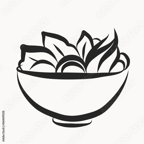 Ink Salad Bowl Illustration. Fresh healthy Vegetarian Vitamin Food. Summer Rest and Vacation Resort Travel Theme Decorative Contour Line Symbol. Fresh Morning Breakfast or Dinner Lunch Symbol Icon