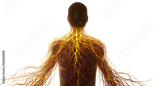 A glowing neural network branching into a human silhouette, connecting unexpectedly to other body systems.
