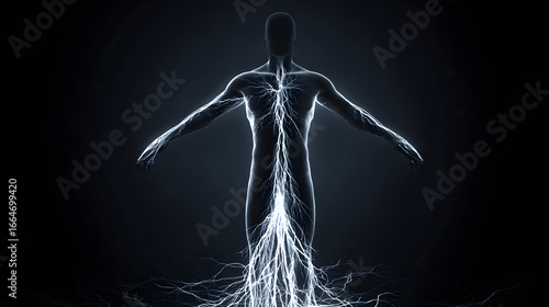 A glowing neural network branching into a human silhouette, connecting unexpectedly to other body systems.
