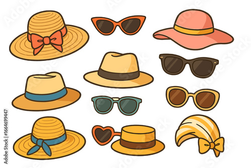 Collection of stylish summer hats and sunglasses for fashion inspiration, vector cartoon illustration with elegant sun hats, trendy eyewear, and accessories on transparent background, ordered set
