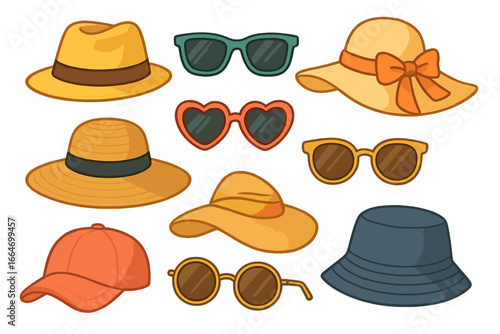 Variety of stylish summer hats and trendy sunglasses, creative colorful cartoon vector illustration, fashion accessories collection for sunny days, casual and beachwear set
