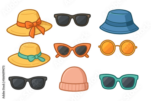 Variety of stylish hats and sunglasses collection for summer fashion inspiration, trendy accessories, colorful summer wear, cartoon vector illustration, transparent background, ordered set