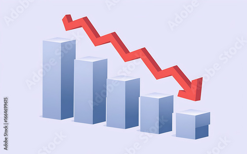 3D illustration features a bar graph with five vertical bars, indicating a decreasing trend, and a red zigzag line, highlighting a clean, modern, and uncluttered design. Free Download 3D illustration features a bar graph with five vertical bars, indicating a decreasing trend, and a red zigzag line, highlighting a clean, modern, and uncluttered design. - GFXLoad