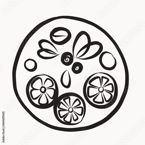 Ink Fruit Bowl. Fresh healthy Vegetarian Vitamin Food. Summer Rest and Vacation Resort Travel Theme Decorative Contour Line Symbol. Fresh Morning Breakfast or Dinner Lunch Symbol Icon