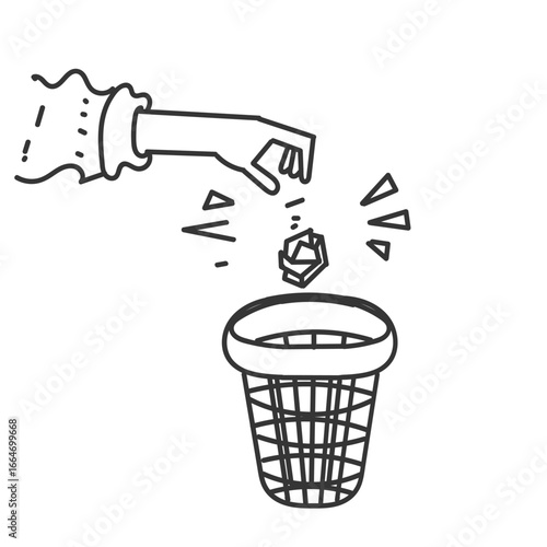 hand drawn doodle hand throwing rubbish in to the dustbin