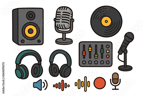 Various Audio Equipment and Sound Technology Icons Illustrating Recording, Music Production, Broadcasting, and Podcasting Devices in Vector Cartoon Style on Transparent Background