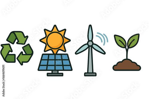 Symbols representing renewable energy sources including recycling, solar power, wind energy, and plant growth, vector cartoon illustration, eco-friendly environmental icons