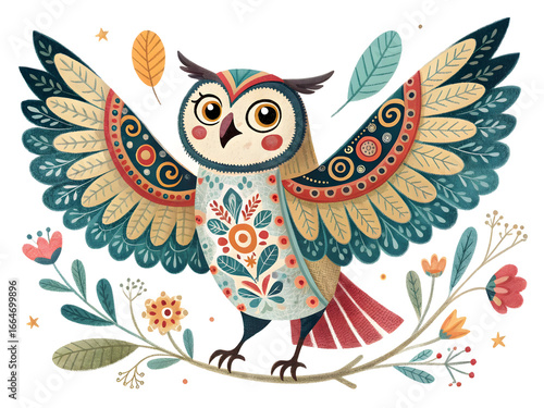 Folk art owl with symmetrical decorative wings and floral accents image