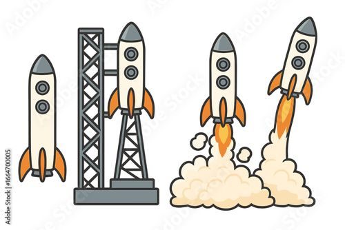 Various Rocket Designs Showcasing Different Stages of Launch Preparation, Countdown, and Liftoff Illustration, Spacecraft Vector Cartoon Clipart with Transparent Background, Set of 3