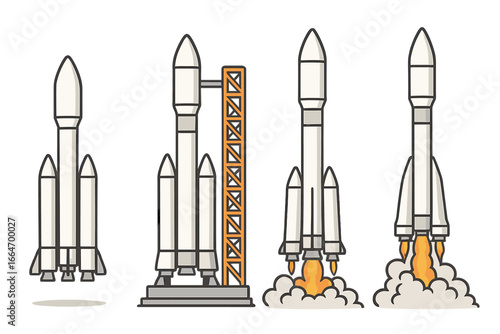 Various Rocket Designs Depicting Different Launch Stages in Digital Art Style, Vector Cartoon Illustration on Transparent Background, Set of 4 Rockets Preparing for Liftoff