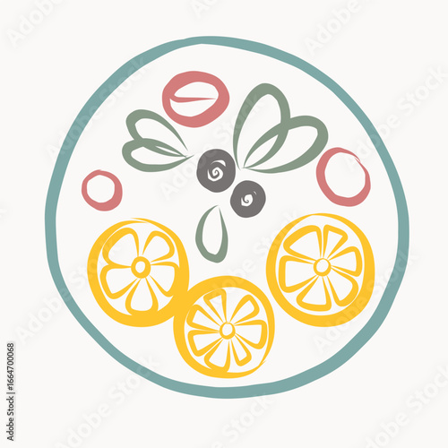 Ink Fruit Bowl. Fresh healthy Vegetarian Vitamin Food. Summer Rest and Vacation Resort Travel Theme Decorative Contour Line Symbol. Fresh Morning Breakfast or Dinner Lunch Symbol Icon