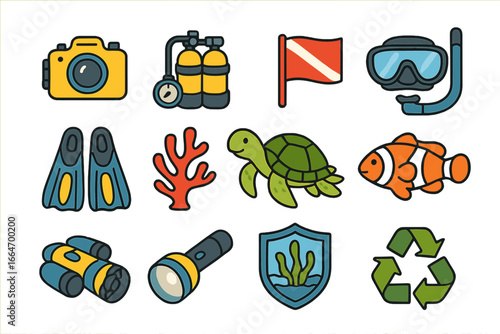 Colorful underwater exploration tools and marine life conservation icons set in cartoon style with scuba gear, marine animals, coral, and eco-friendly symbols on transparent background