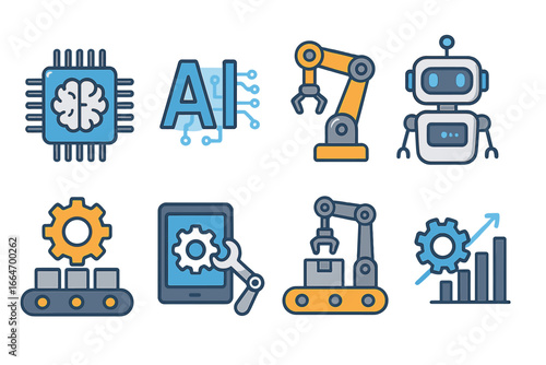 Various technological icons representing artificial intelligence, robotics, automation, smart industry, and manufacturing process in modern vector cartoon style on transparent background