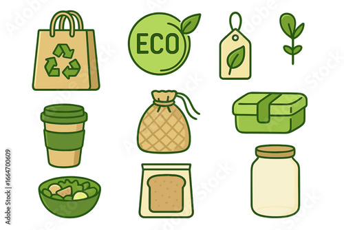 Various eco-friendly icons representing sustainable packaging, reusable containers, biodegradable products, zero waste lifestyle, and organic food storage in modern cartoon vector design