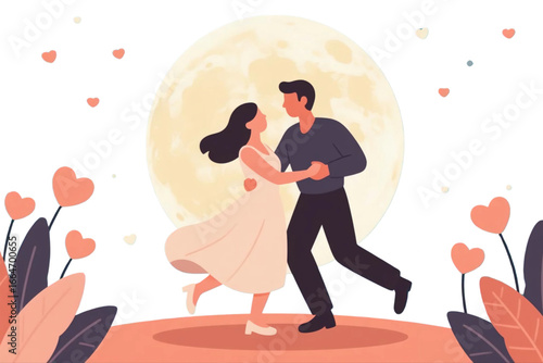 Romantic vector illustration of couple dancing under moonlight.