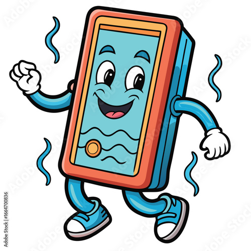 Happy dancing smartphone character with blue waves