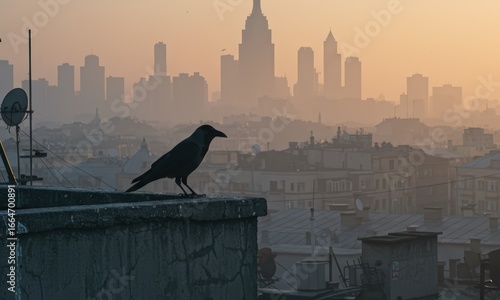 A crow perches on a city rooftop at dawn, overlooking a hazy urban skyline with distant skyscrapers bathed in warm, soft light.
