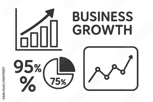 Visual representation of business growth indicators with rising bar chart, line graph, percentage metrics, and pie chart in minimalist vector cartoon style with transparent background