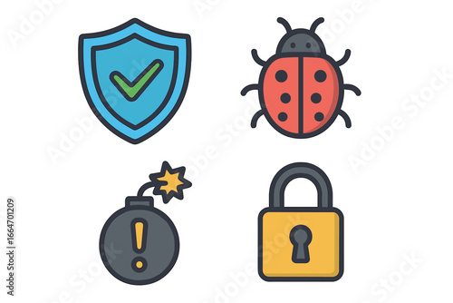 Visual representation of cybersecurity threats with shield, bug, bomb, and lock icons, vector cartoon illustration, cyber protection, malware, hacking risk, digital security concept