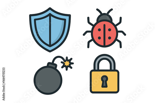 Visual representation of cybersecurity threats with shield, bug, bomb, padlock icons, hacker attack symbols, malware, virus, digital security risks, vector cartoon illustration transparent