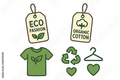 Visually appealing sustainable fashion clothing labels and eco-friendly apparel icons with organic cotton, recycling, and green lifestyle symbols, vector cartoon illustration