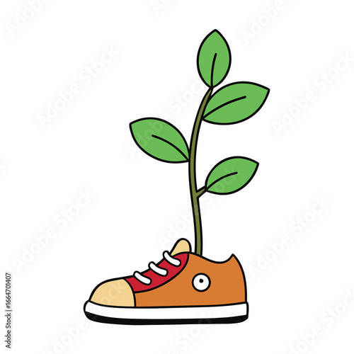 Shoe planter with a green sprout growing