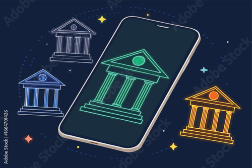 Digital banking concept with mobile phone app and secure transactions.