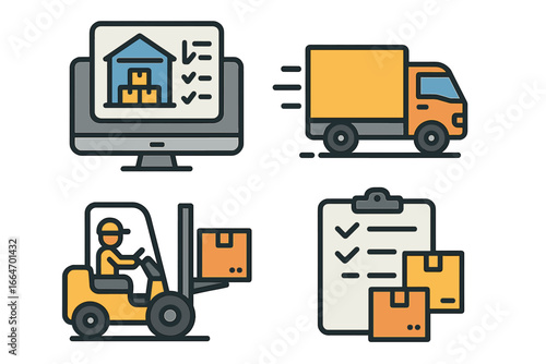 Warehouse Management System Icons Illustrating Logistics, Transportation, Forklift Operation, Inventory Control, and Efficient Supply Chain Processes in Vector Cartoon Style