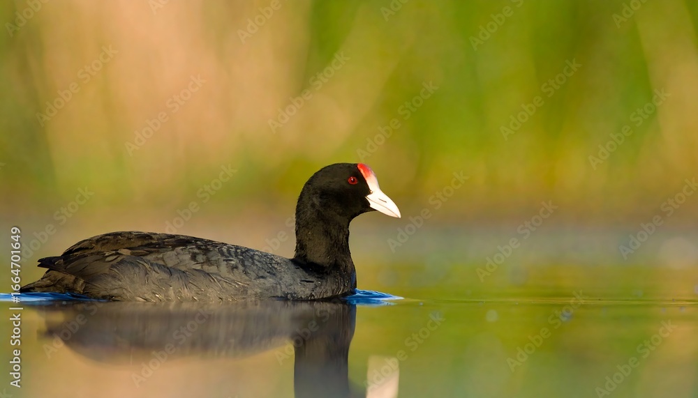 Fototapeta premium A dark-colored bird with a red beak rests serenely on a tranquil body of water, its reflection mirroring its graceful form against a soft, blurred background of vibrant greens and yellows.