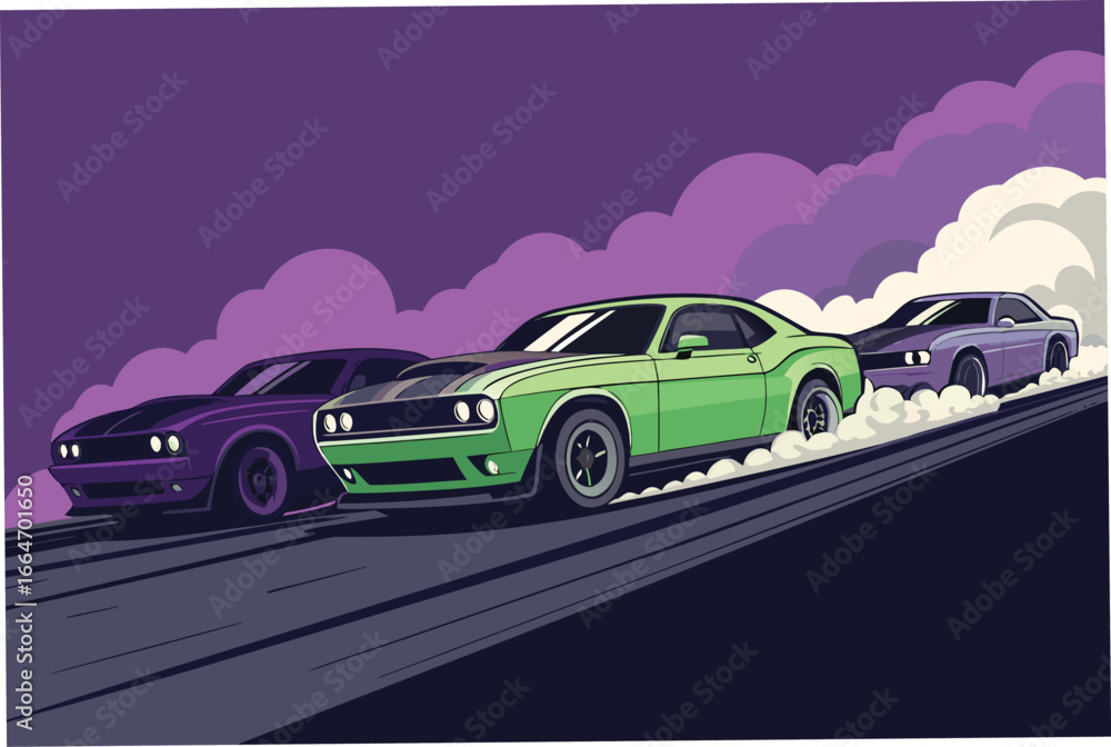 Fototapeta premium Drag racing cars poised for action on the starting line.