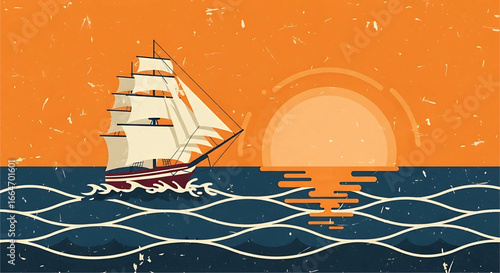 Vintage Maritime Voyage: A Sailboat's Journey at Sunset, Evoking a Sense of Adventure and Nostalgia with its Textured Graphic Style and Harmonious Color Palette