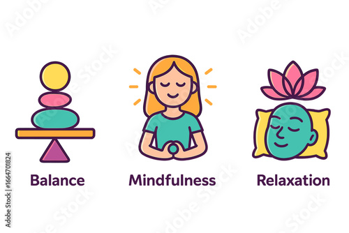 Wellness icons representing balance, mindfulness, relaxation, meditation, calmness, mental health, self-care, stress relief, yoga, spiritual harmony in vibrant cartoon vector set
