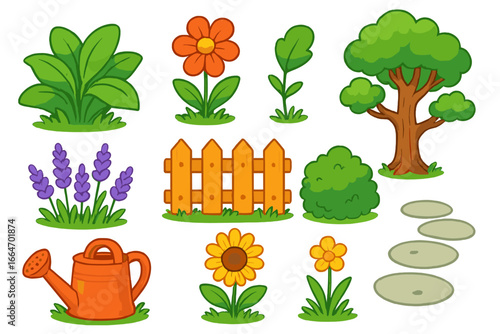 Colorful vector illustrations of various plants, garden elements, flowers, trees, bushes, watering can, fence, and garden stones in a cartoon style with transparent background