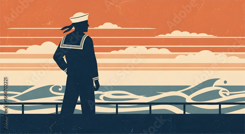Nautical Reflections: A solitary sailor gazes out at a stylized ocean under a vibrant sunset sky on a vessel contemplating the horizon's edge filled with abstract waves and textured warmth