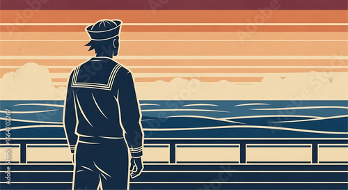 Nautical Gaze: A Sailor's Perspective on the Horizon, Capturing a Moment of Reflection and the Endless Possibilities of the Sea Under a Warm Sunset Gradient
