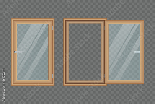 A set of three hinged windows is displayed with one window completely closed and the other open, all featuring clear glass panes. Wooden frames create modern design elements. 