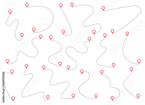 A pattern of routes with pinpoint markers on a white background, showing different trajectories. Demonstrating connectivity and journey planning. Pinpoints mark endings.
