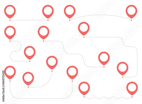 An array of red map pointer pins marks a route of locations connected by dotted gray lines against a white background. Navigation and journey illustration.