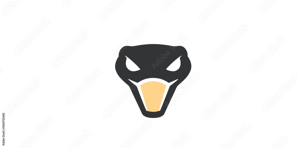 Obraz premium Minimalist black snake head icon with aggressive white eyes and a yellow lower jaw.