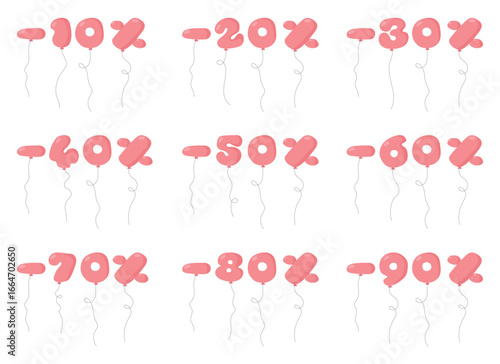 A promotional illustration depicts several pink discount percentage balloons ranging from 10% to 90%. The balloons have thin black strings and a white background.