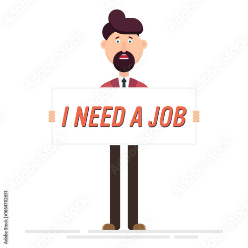 Illustrated man with concerned expression dressed in a suit. He is unemployed and holding a sign seeking employment.The image evokes a sense of job hunting and desperation.